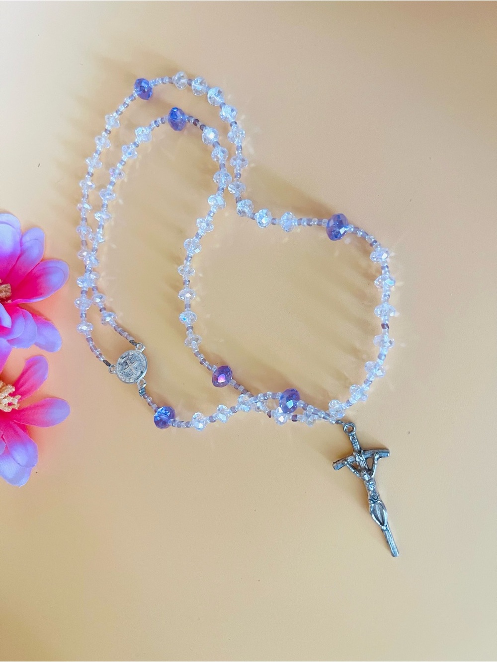Clear crystals Beaded Rosary Necklace with Purple Accents